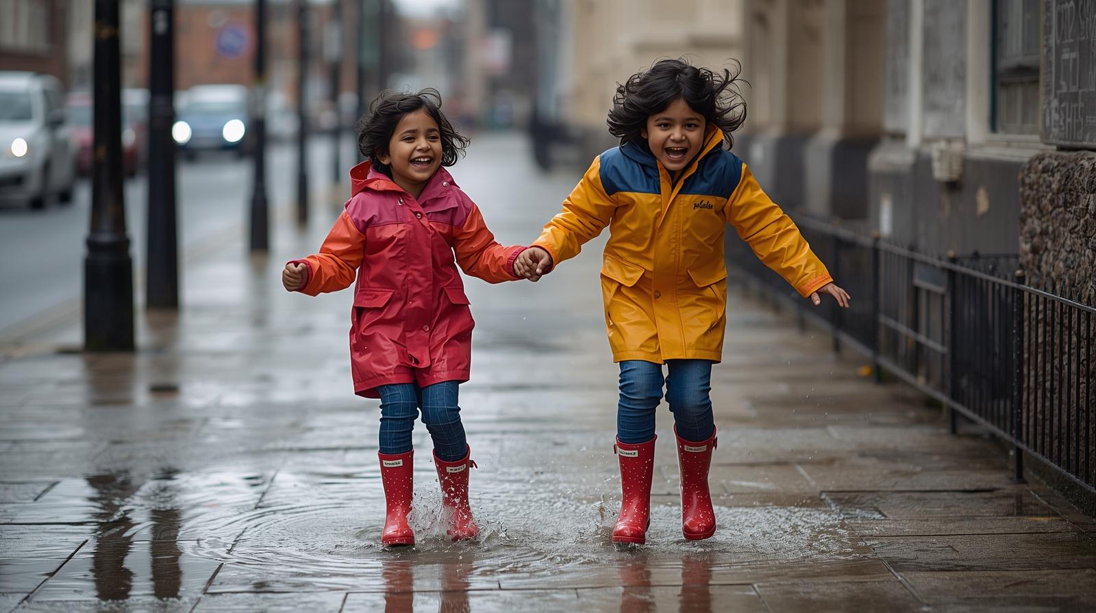Kids playing in a puddle